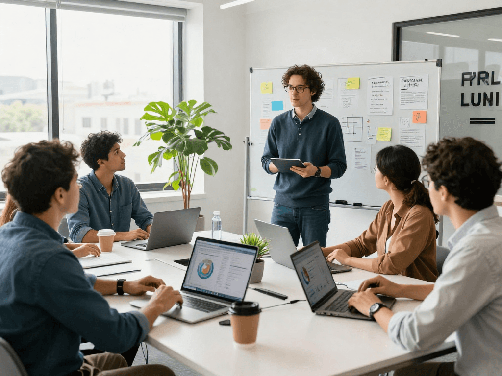 Business professionals discussing IDXSTAR strategies in a modern workspace.