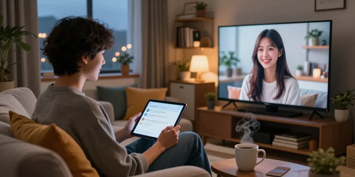 AI girlfriend chat in a cozy living room with a user engaging in conversation.