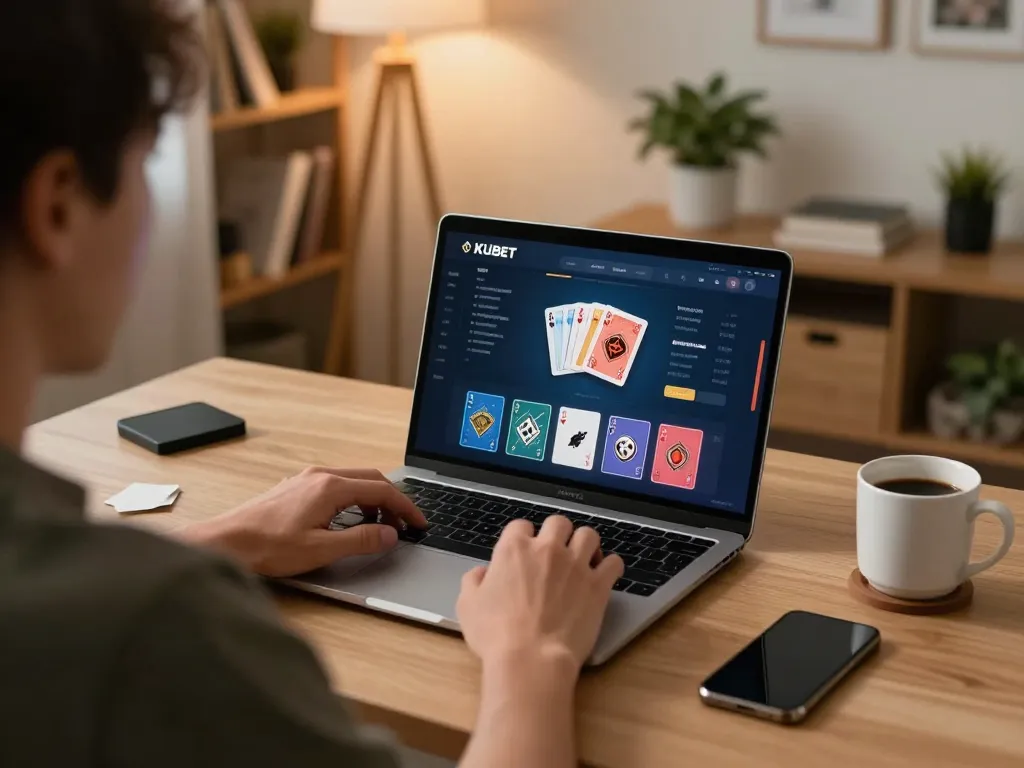 KUBET online gaming setup showing player analyzing cards in a cozy home office environment