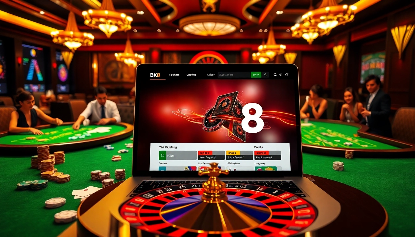 Engaging BK8 online gambling experience with casino tables and chips.
