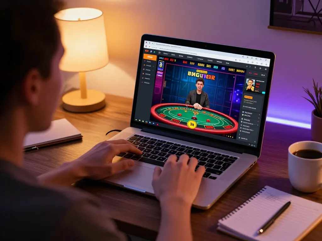 Engaging online gaming experience on https://7m.us.com/ with user playing live dealer blackjack in a cozy home office setup.