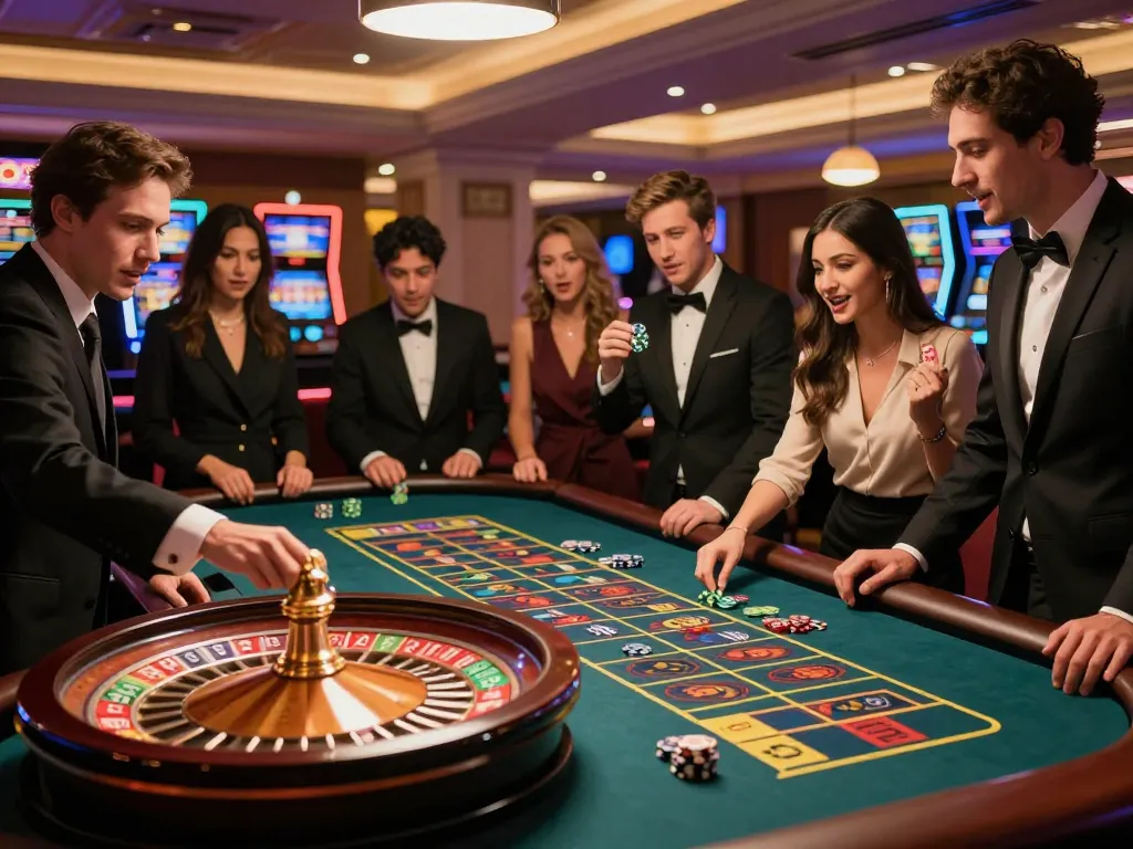 Players at the nhà cái FB88 roulette table actively placing bets, showcasing excitement and luxury ambiance.