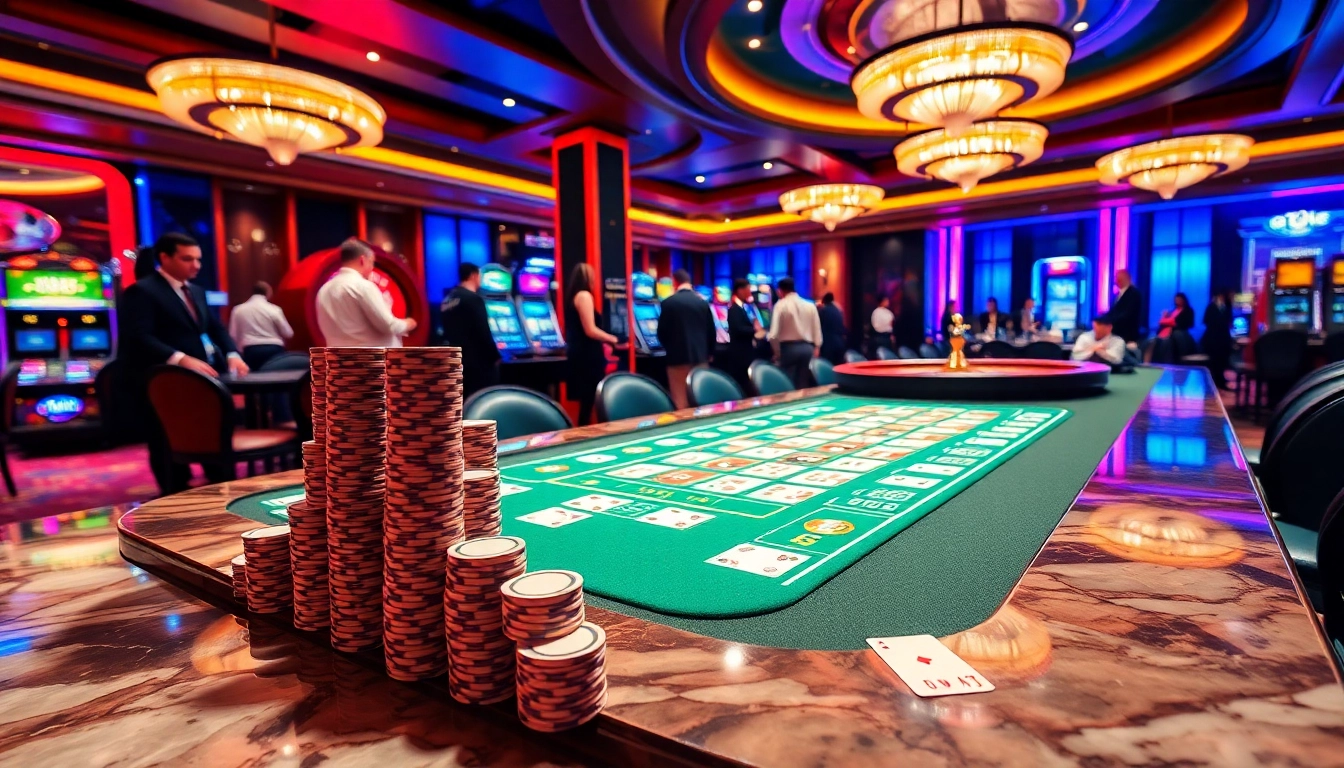 Engaging players at MM88.COM's vibrant casino table with poker chips and roulette wheel, showcasing excitement.