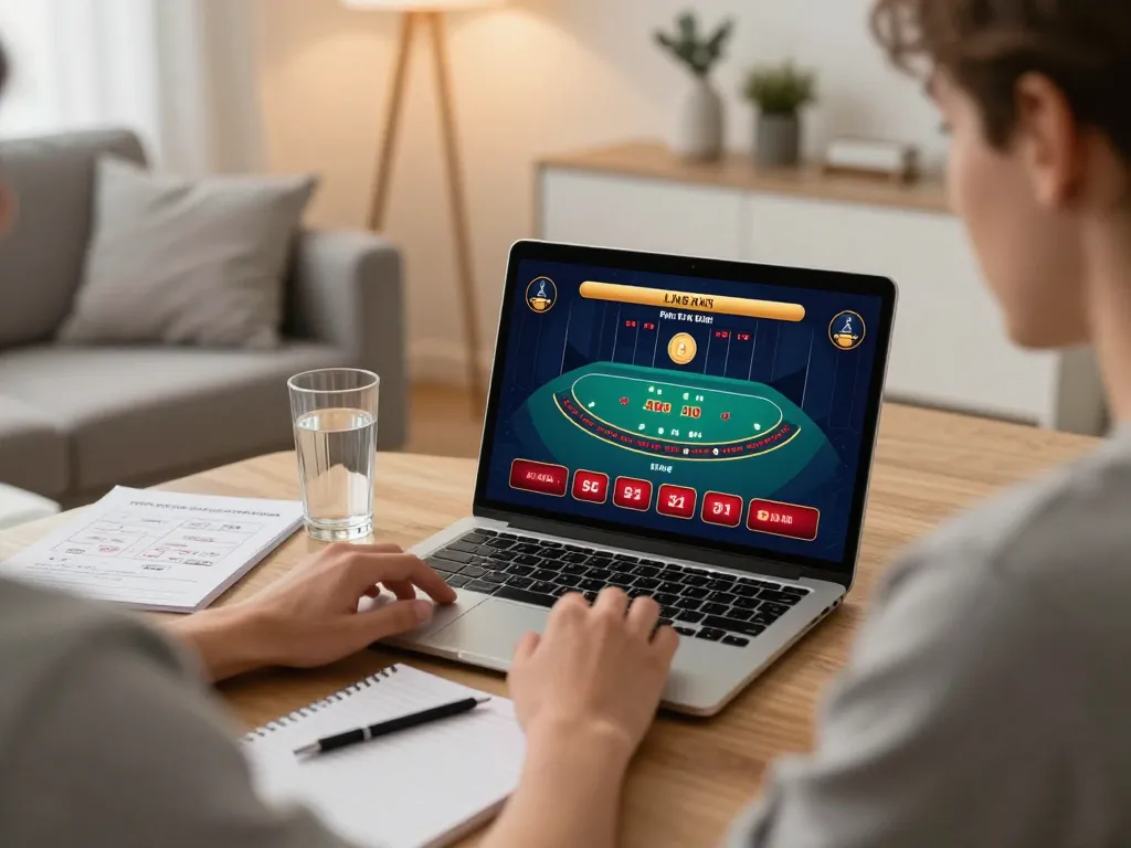 Player engaging in live dealer blackjack on XX88 platform at home, showcasing responsible gaming.