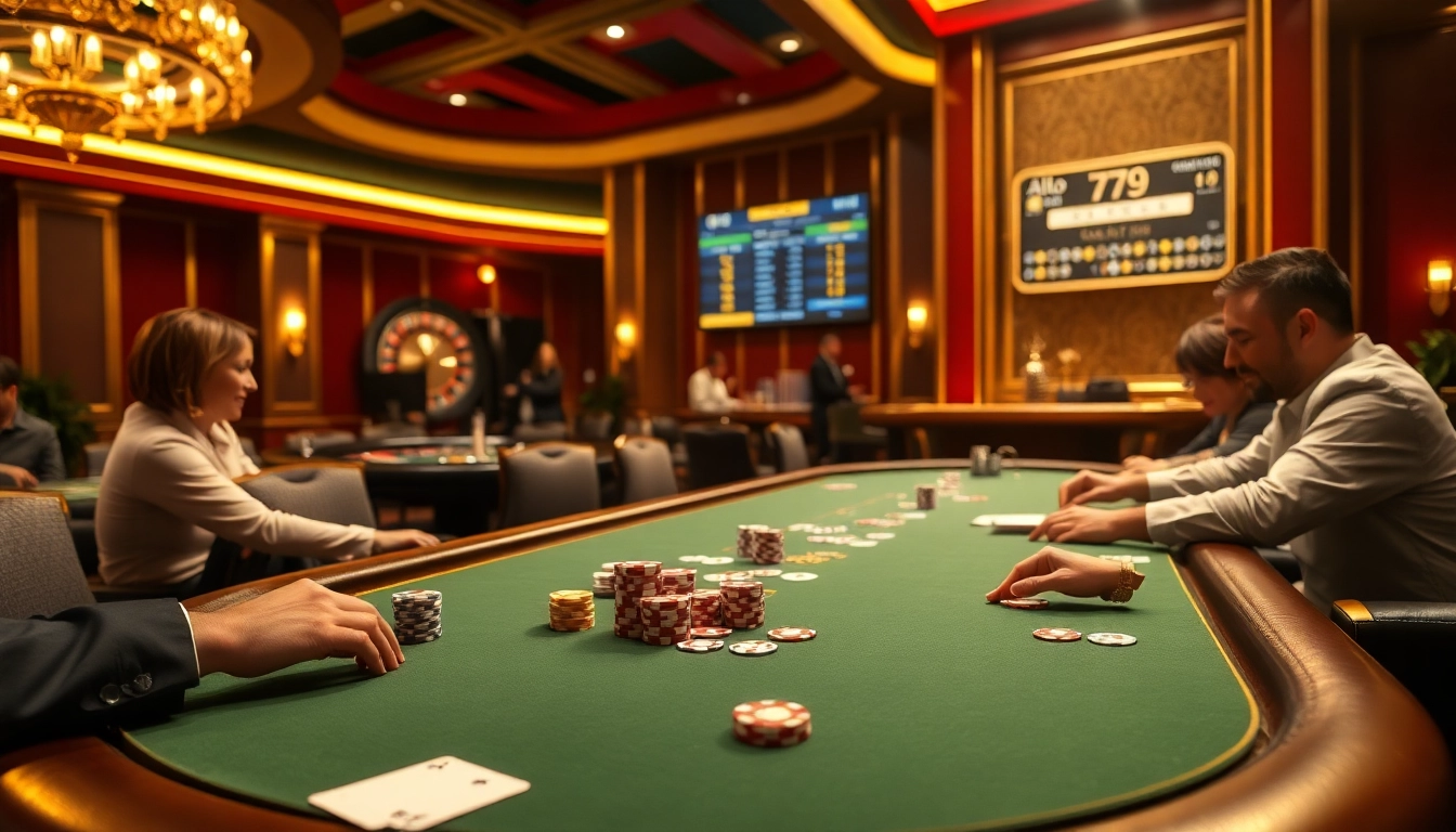 Experience thrilling bets at Alo 789's luxurious casino table with poker chips and cards.