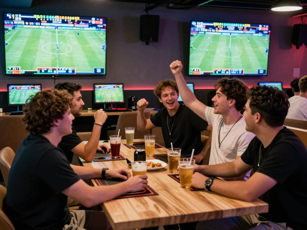 Sunwin gaming lounge with friends placing bets, vibrant atmosphere.