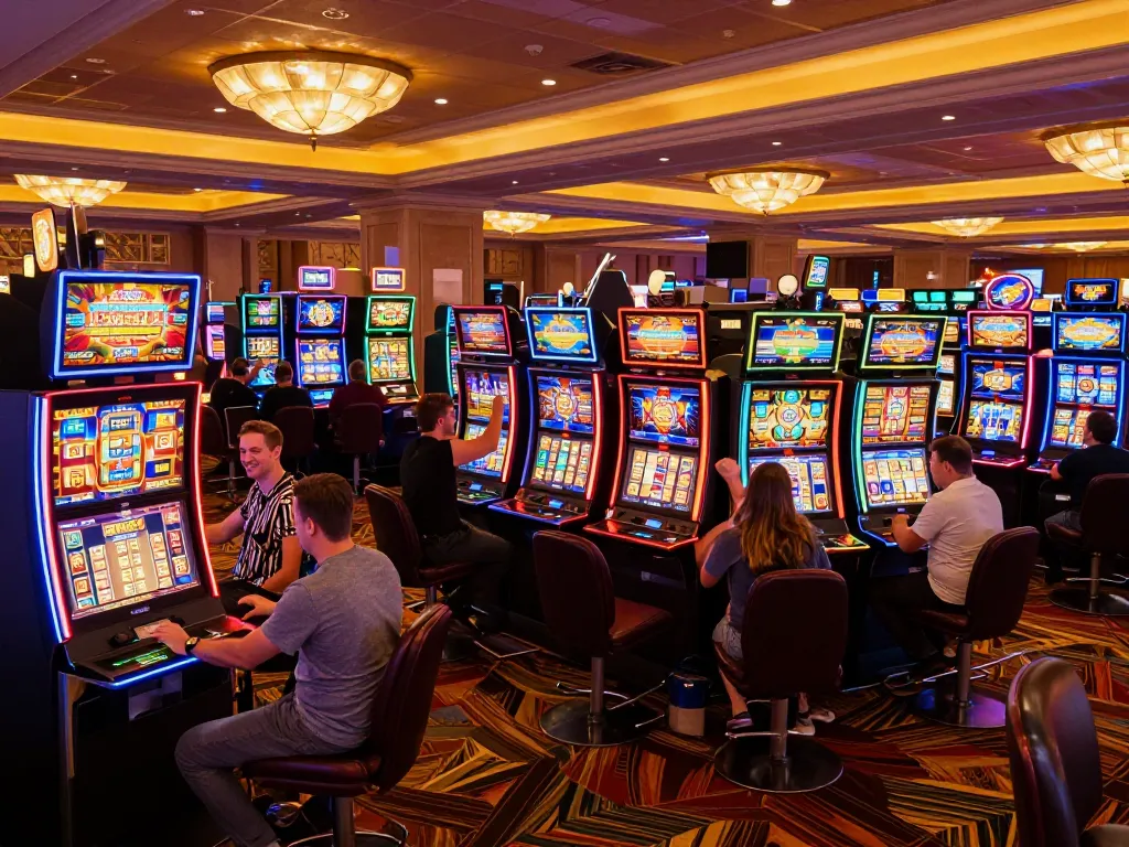 Players celebrating a win at vibrant slot machines highlighting transporthydraulics excitement in a busy casino atmosphere