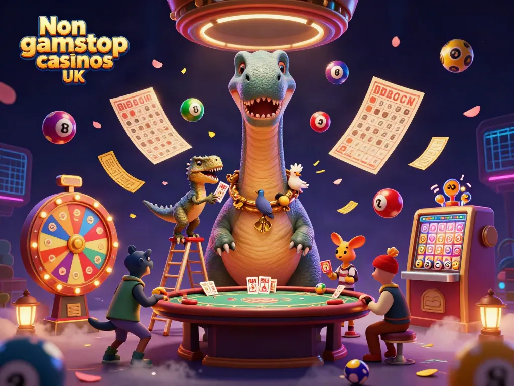 Engaging scene of a brontosaurus in a casino, showcasing Non gamstop casinos UK with vibrant elements.