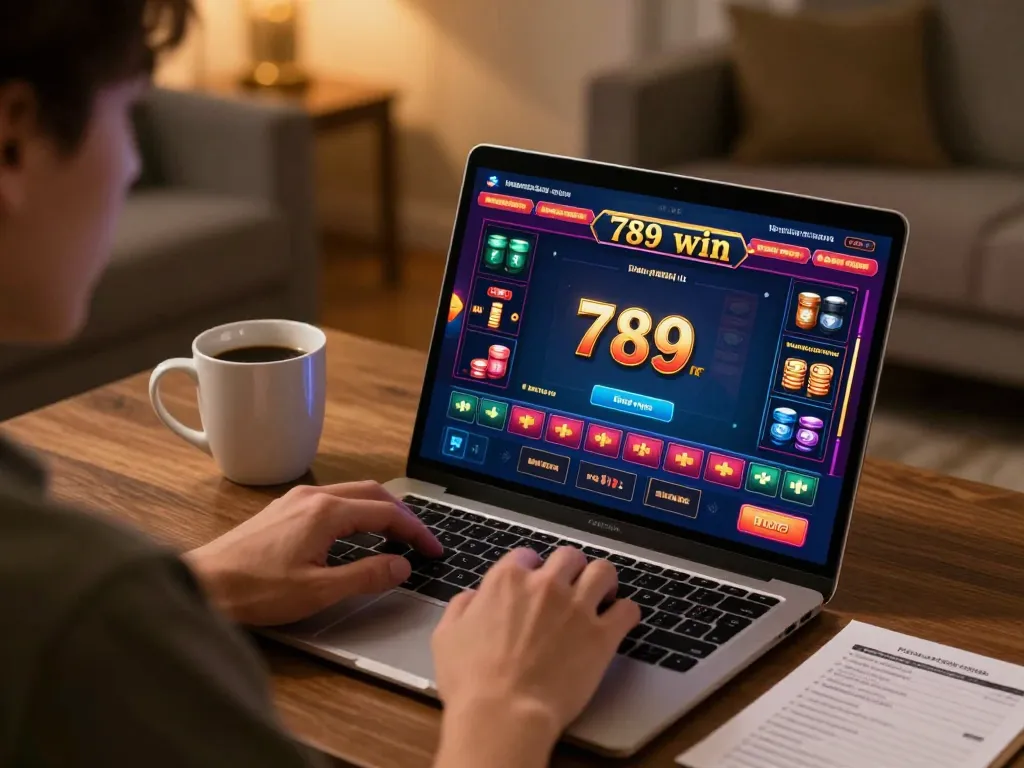 Engaging in online casino gameplay featuring 789 win on the screen while maintaining strategic focus
