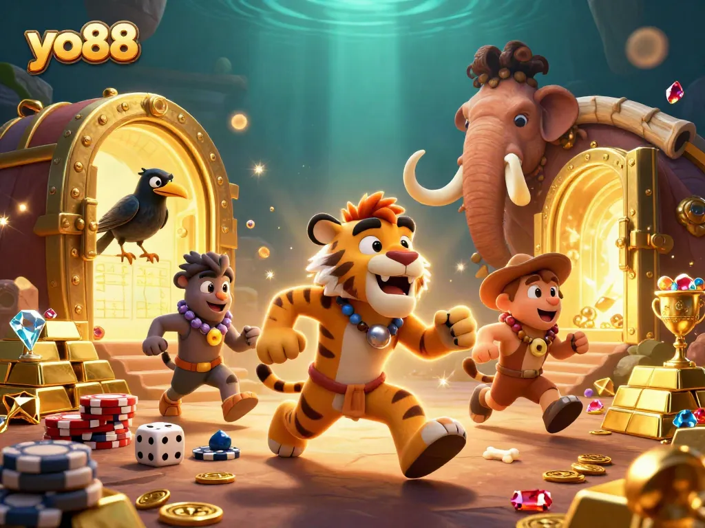 Experience yo88 excitement in a vibrant prehistoric casino scene with treasure elements.