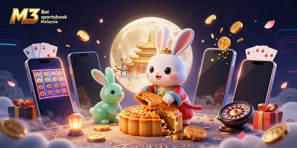 Join the action at M3 Bet sportsbook Malaysia, featuring an engaging 3D illustration of a moon rabbit and festive gaming elements.