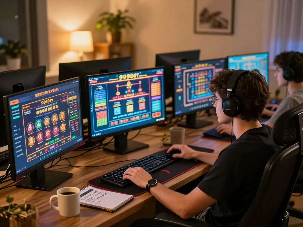Person engaged in strategic gameplay on 999bet gaming platform at home