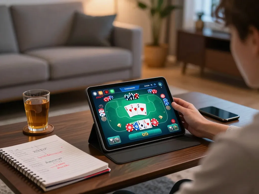 Using a tablet for online gaming, accessing Link Vào Jun88 with a colorful poker layout