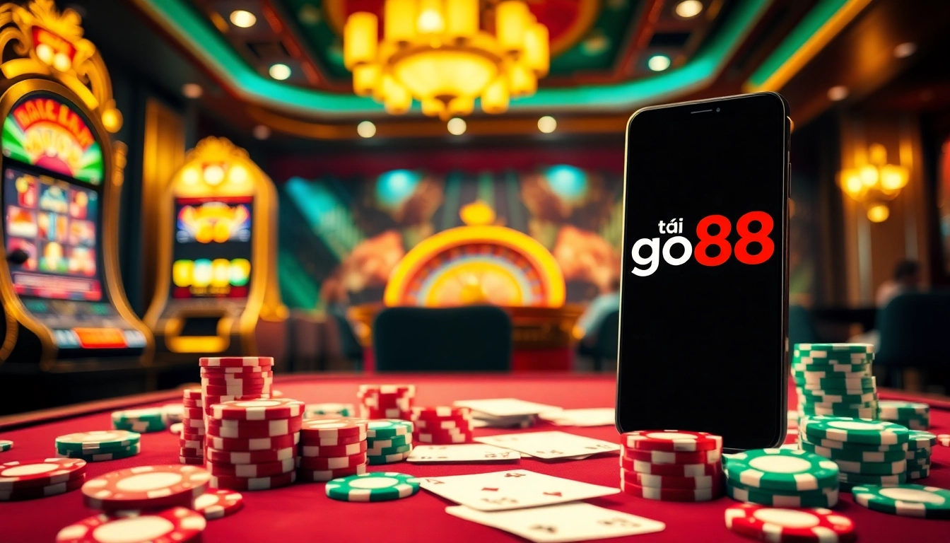 Engaging casino scene emphasizing tải go88 with colorful chips and vibrant gaming tables.
