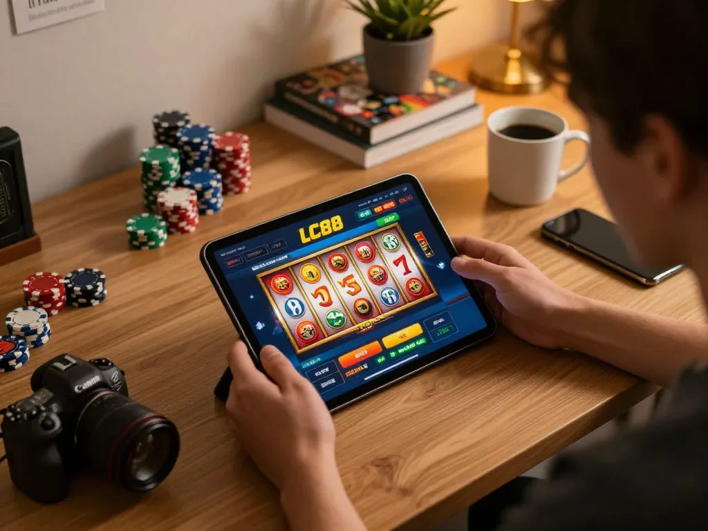 Engage with the LC88 casino app on a tablet for thrilling online gambling encounters.