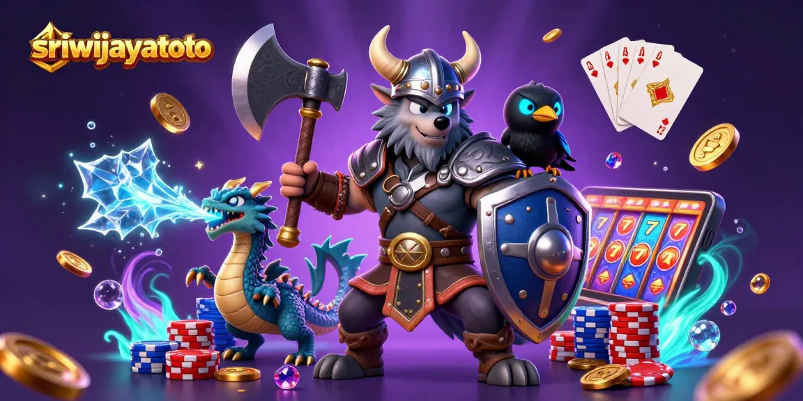 Sriwijayatoto features a cartoon Viking warrior, fierce dragon, and glowing raven amidst casino elements.