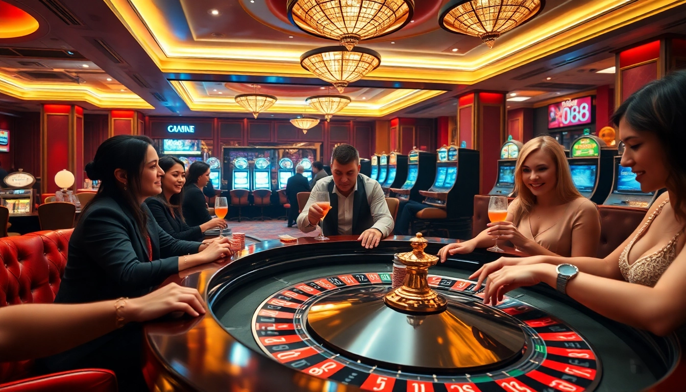 Players enjoying an exhilarating roulette game at fly 88 casino, showcasing vibrant chips and slot machines.