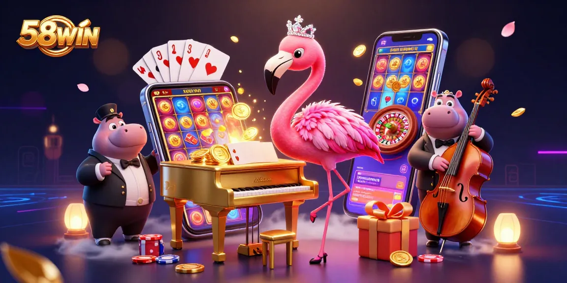 Experience thrilling gameplay at 58WIN with vibrant slots, dazzling flamingos, and engaging casino elements.