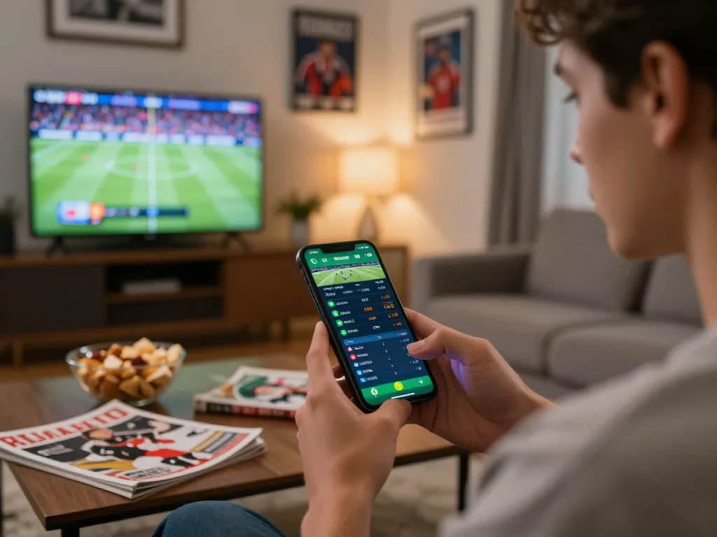 Placing smart bets on debet sports app in a cozy living room during live match