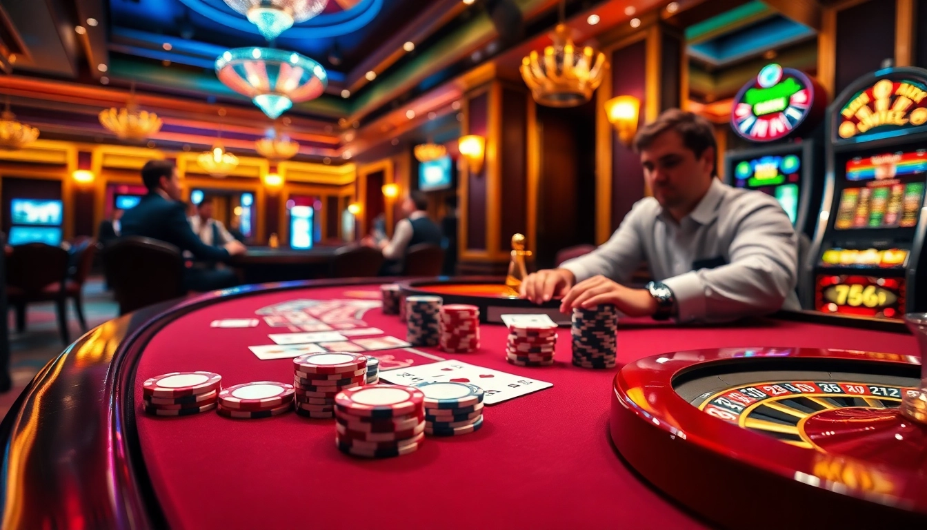 Action-packed ww88 casino scene with poker, roulette, and slot machines lighting up.
