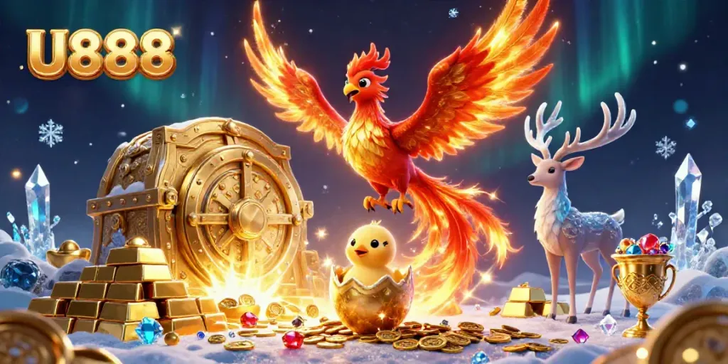 Experience the excitement of U888 with a captivating 3D phoenix-themed casino scene.