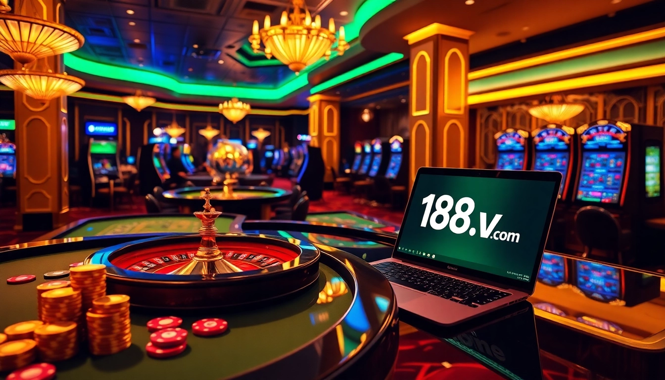 Experience the thrill of 188v.com in an exciting casino scene with vibrant tables and players.