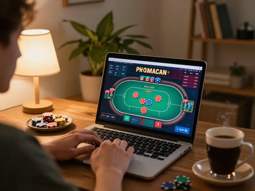 Engaging in poker on the HITCLUB app from a cozy home setup with snacks and warm lighting.