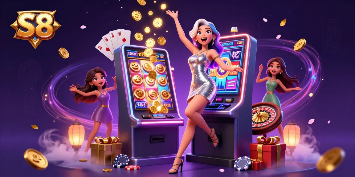 S8 showcases an excited woman celebrating a jackpot win at a dynamic casino scene filled with games and gold.