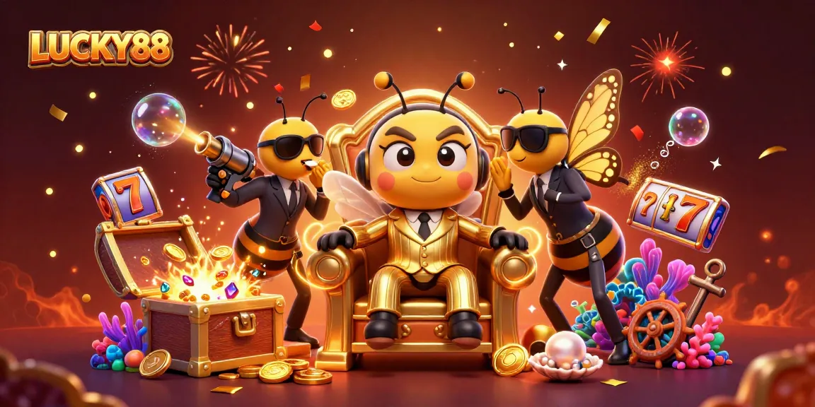 Experience the thrilling adventures at LUCKY88 with stunning casino elements and vibrant 3D characters.