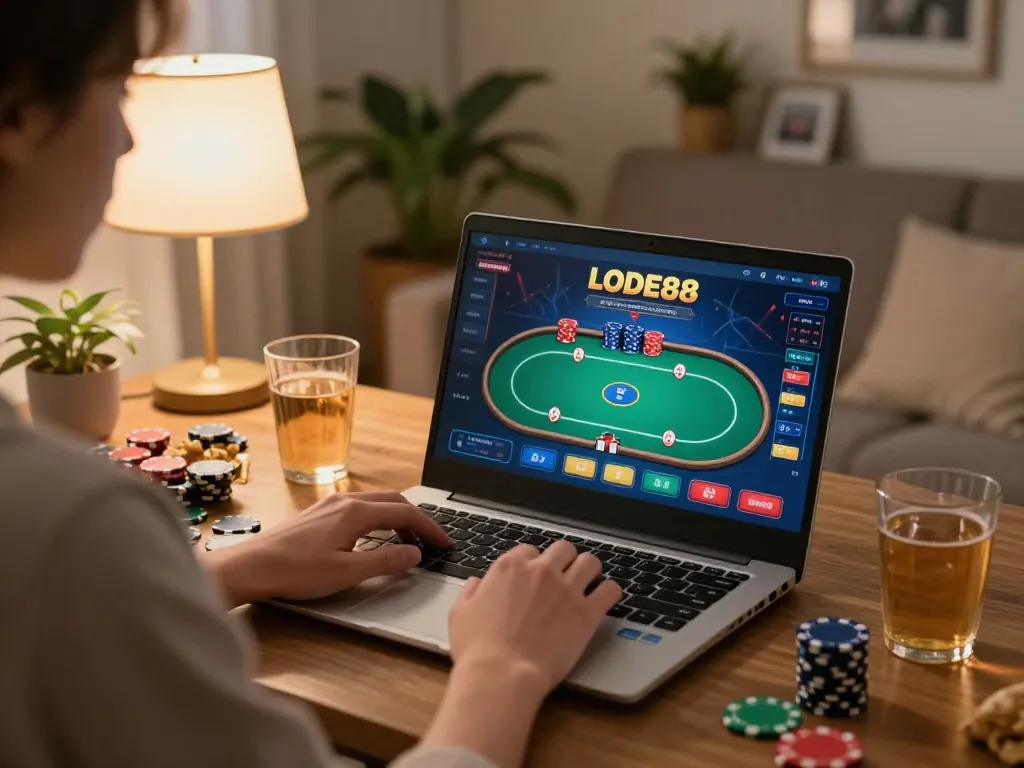 Engaged player enjoying a responsible gambling session on LODE88 from home with a laptop and snacks.