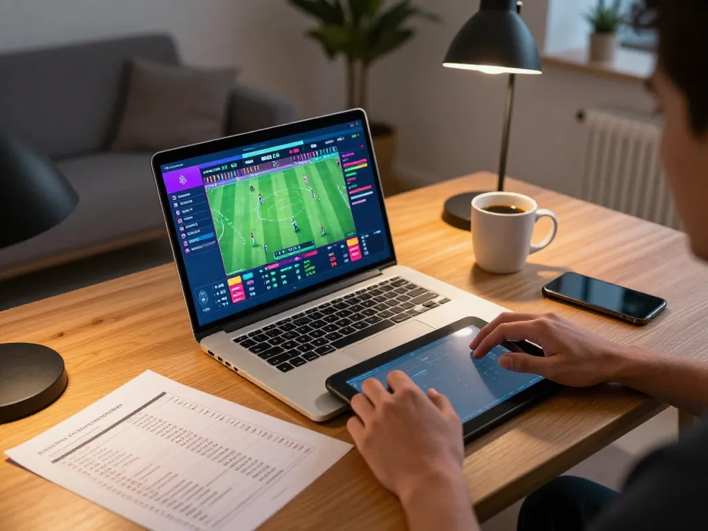 Nhandinhkeonhacai user strategizing sports bets on a laptop in a cozy home office