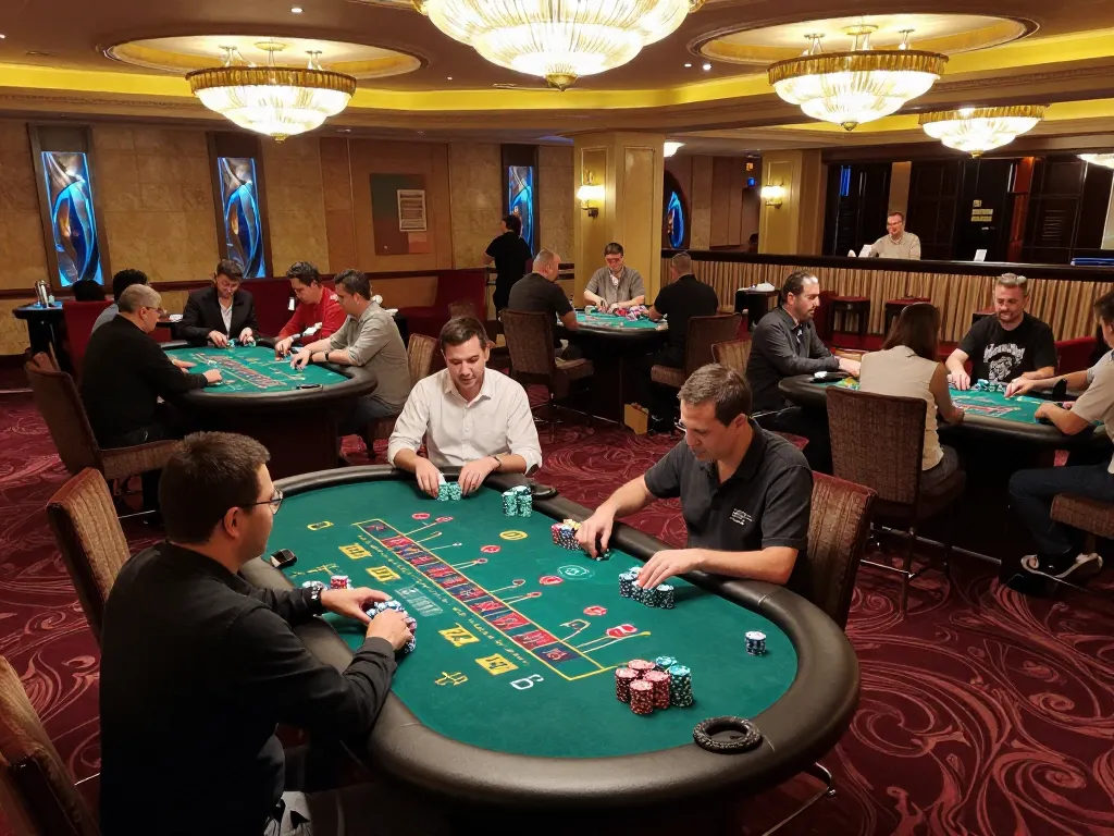 Experience onbet action with players placing bets at multiple elegant casino tables