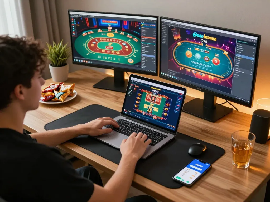 Engaging in online poker at home, showcasing the trang chủ Go88 experience with cozy setup and strategy.