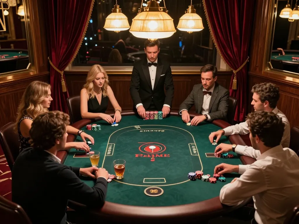 IWINCLUB players enjoying high-stakes poker in an upscale casino VIP area with elegant decor and intense focus.
