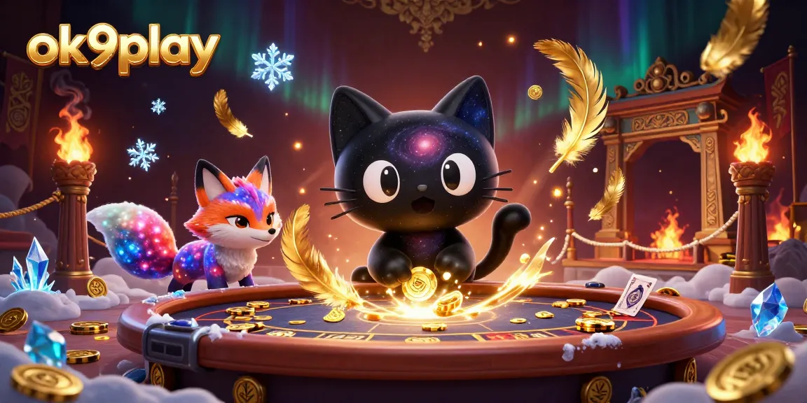 Place your bets with ok9play as a cosmic cat draws in golden chips at a vibrant casino table.