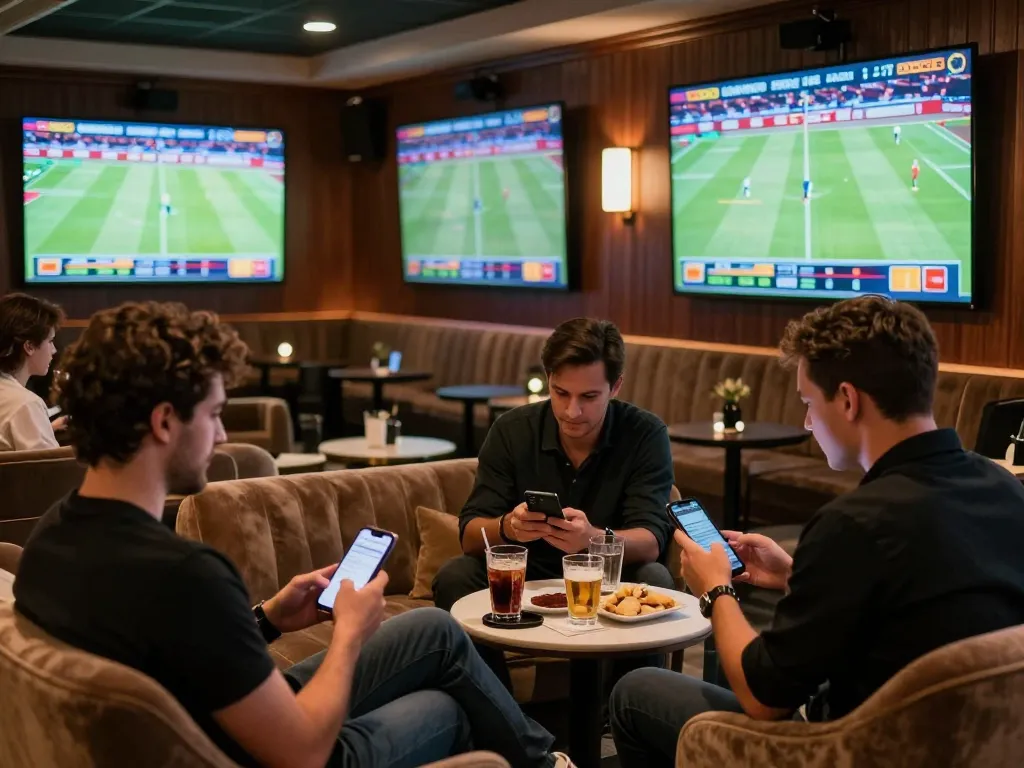 Kèo Nhà Cái enthusiasts engaged in sports betting in an upscale lounge during live games, surrounded by screens.