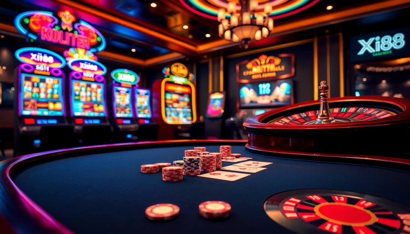 Experience the thrill of gaming at Xin88 with vibrant tables and slot machines showcasing luxury.