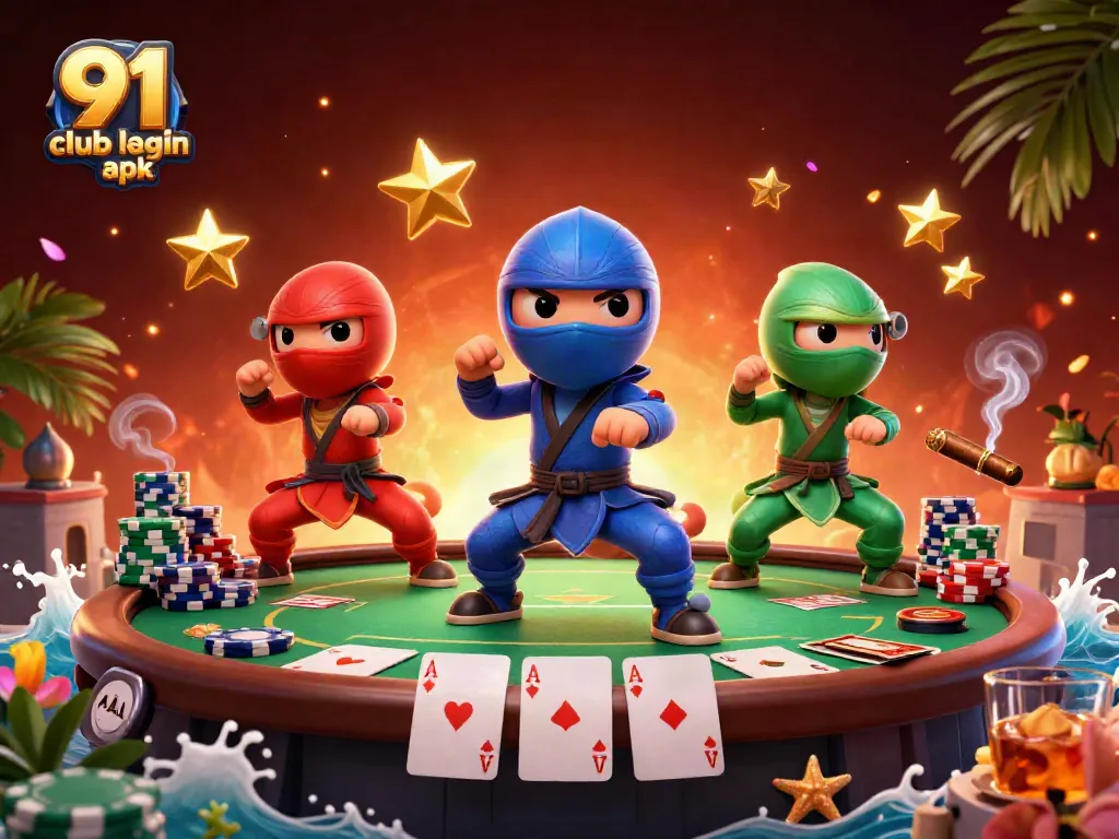 Engage with the 91 club login apk in this vibrant, action-packed casino-themed scene featuring chameleons and poker elements.