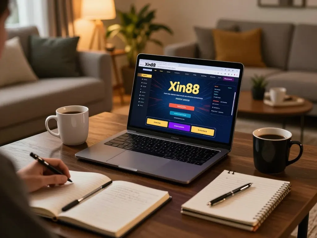 XIN88 online gaming setup showcasing a player using a laptop in a cozy living room with strategy notes and warm lighting