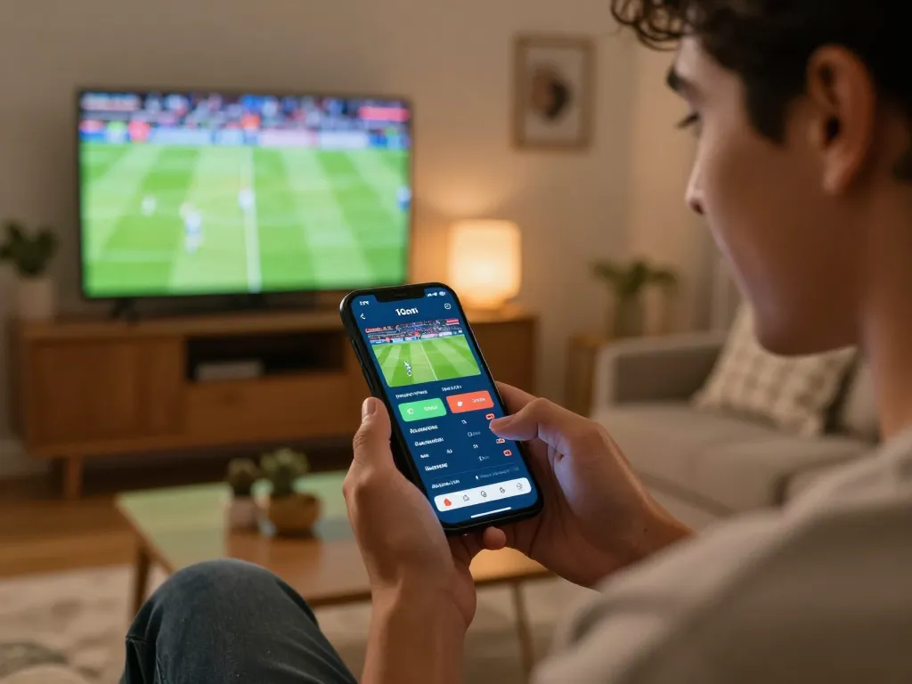 Betting on sports using 1Gom app in a cozy home atmosphere.