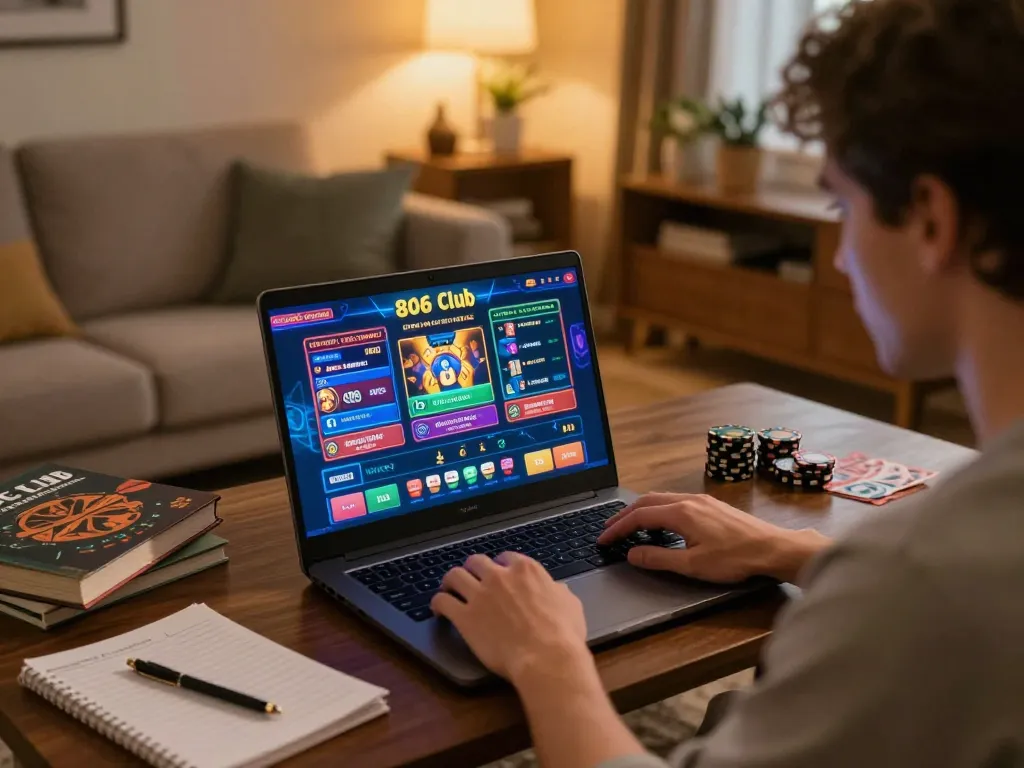 Playing 806 club games on laptop in cozy living room, showcasing immersive online casino experience