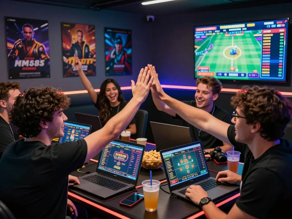 Exciting online gaming scene featuring friends enjoying MM88 betting session with vibrant atmosphere.