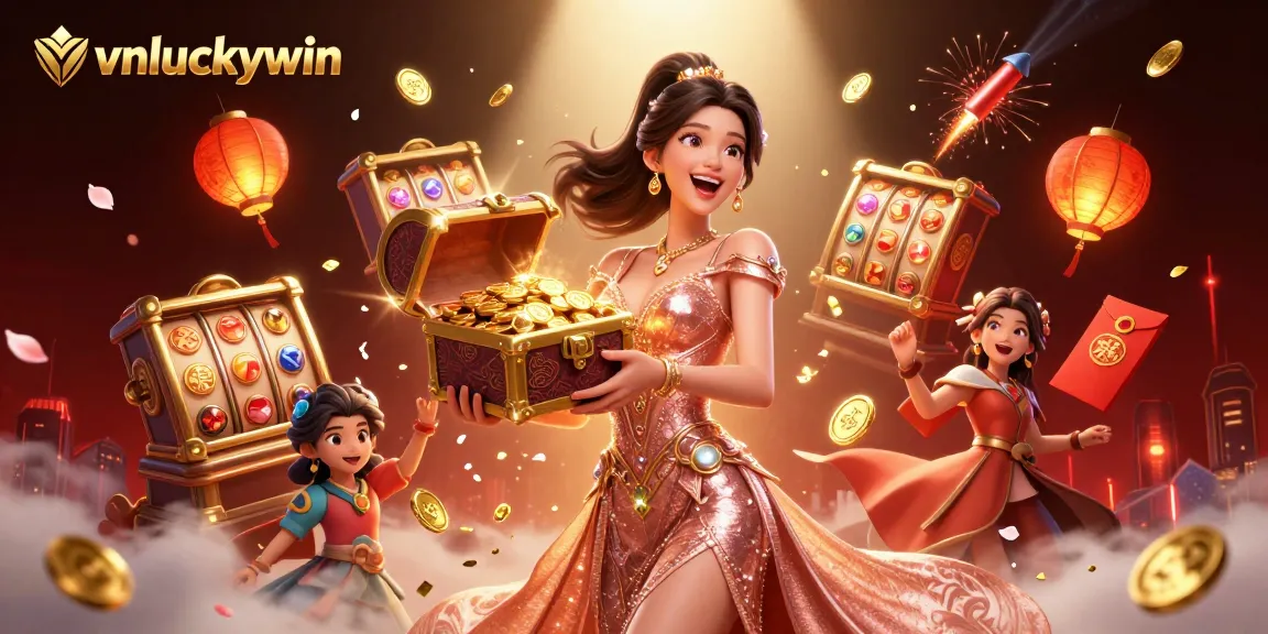 vnluckywin presents a captivating scene of excitement and treasures with spinning slot reels and gold coins.