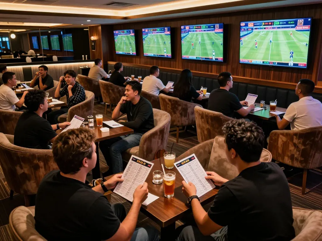 Bongdalu sports bettors enthusiastically placing wagers in a lively betting lounge atmosphere