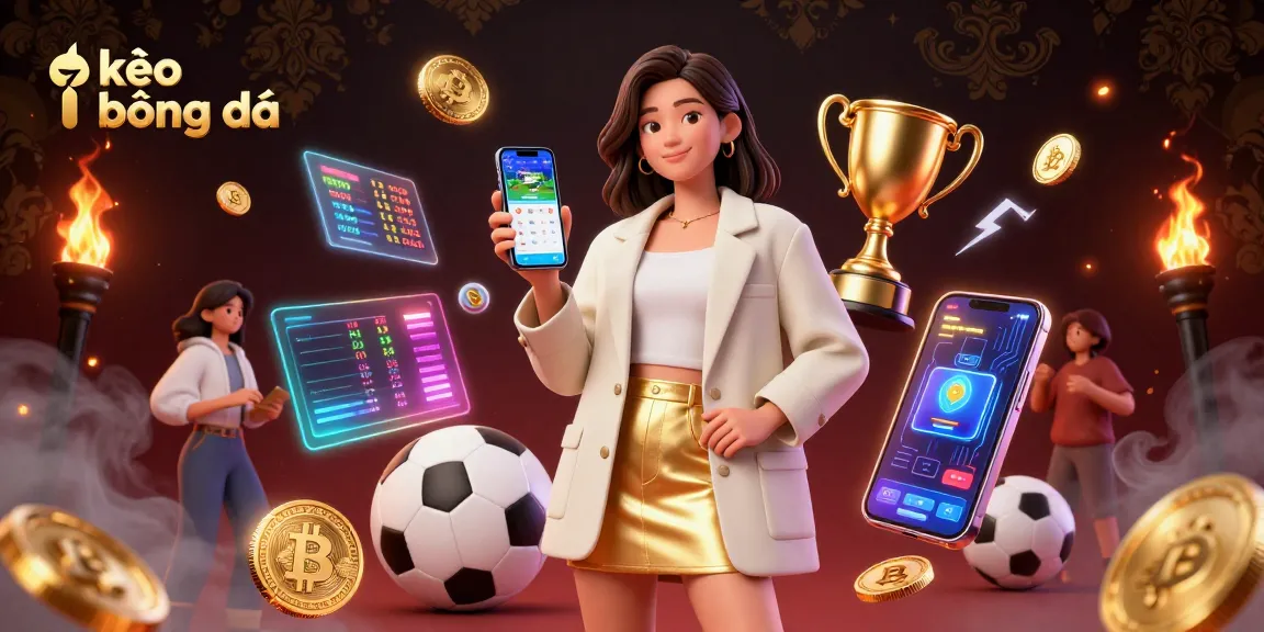 Engaging scene of kèo bóng đá sports betting with an Asian woman showing a betting app, vibrant and dynamic