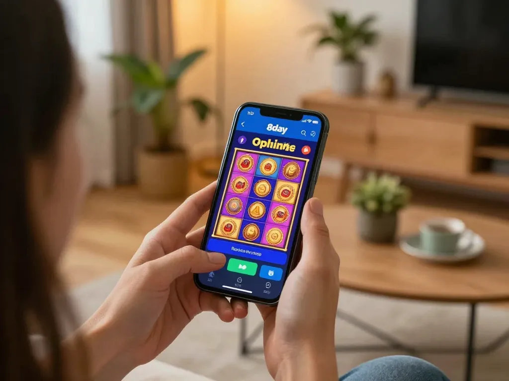 Player engaging with the 8day app while seated comfortably at home, showcasing modern online gaming.