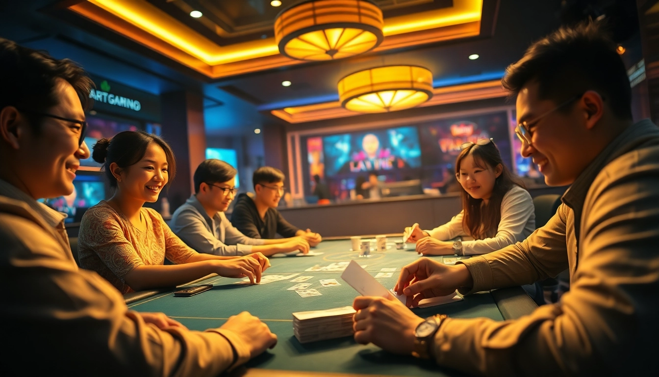 Dynamic online gaming scene at topgamebaidoithuong.mx showcasing players enjoying card games with vibrant visuals.