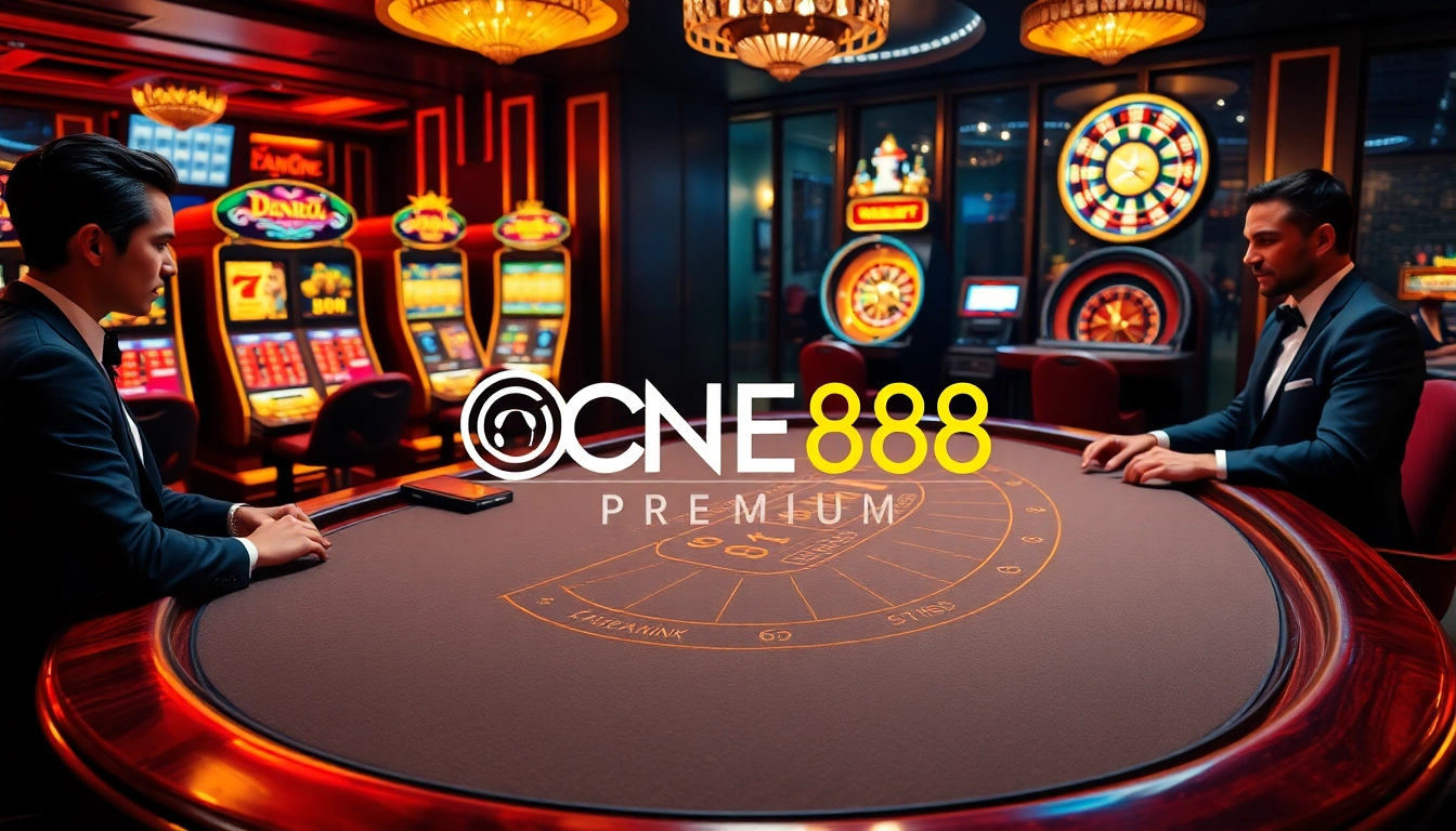 Experience the thrill of ONE88 at a luxurious blackjack table in a vibrant casino scene.