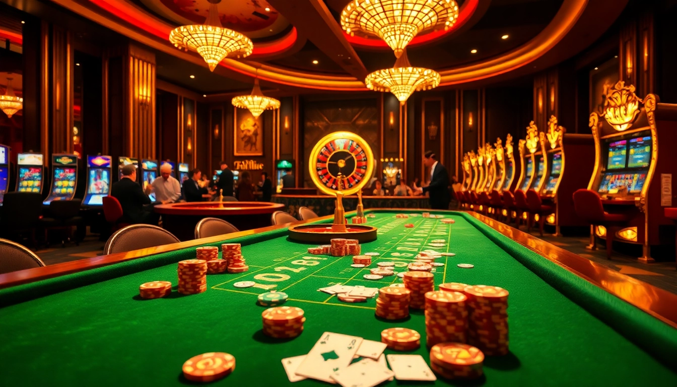 Image of players engaging in a lively casino environment at https://urr88.com/, with poker chips and a roulette wheel.
