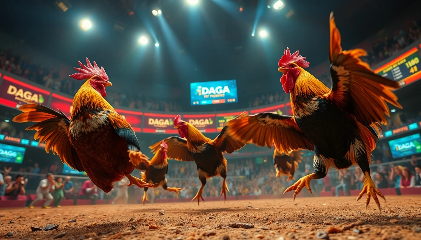 DAGA live cockfight action with vibrant atmosphere showcasing betting excitement at dagawin.live.